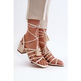 EVENTO Lace-up Sandals With Low Heels Adorned With Studs Beige Chrisele | shoptok.hr