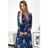 numoco basic Numoco pleated chiffon long dress with neckline, long sleeves and belt | Shoptok.si