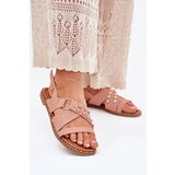 Boto Women's Flat Heel Sandals With Golden Studs Pink Zanira | shoptok.hr