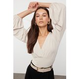 Trendyol Stone Double Breasted Gathering/Drape Detailed Long Sleeve Stretchy Knitted Blouse Cene