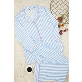Trendyol Curve Blue Striped Piping Shirt Collar Knitted Pajamas Set