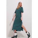 Trend Alaçatı Stili Women's Green Crew Neck Double Sleeve Slit Dress Cene