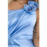 numoco basic 580-4 AURORA long satin one shoulder dress with roses - light blue color | Shoptok.si