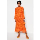 Trendyol Frill Lined Woven Chiffon Dress With An Orange Floral Skirt Cene