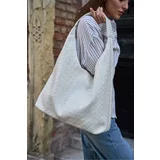 Madamra Ecru Women's Knitted Patterned Bottega Leather Shoulder Bag