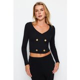 Trendyol Black Button Detailed V-Neck Corduroy Stretchy Crop Knitted Blouse | Shoptok.si