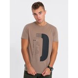Ombre Men's printed cotton t-shirt - light brown Cene