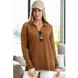 Dewberry 83295 Polo Neck Long Sleeve Slit Sweater-BROWN Cijene