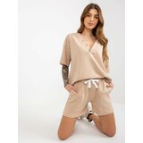 Fashion Hunters Beige summer tracksuit with button-down blouse Cene