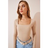 Happiness İstanbul Women's Cream Square Neck Ribbed Knitted Blouse Cene