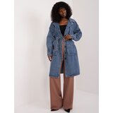 Fashion Hunters Navy blue denim coat with belt | ePonuda.com
