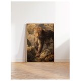 Wallxpert uramljena slika 115254, leopard na steni među zlatnim cvetovima, 50 x 70 cm, ram u boji prirodnog drveta | Eponuda.com