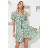 Trend Alaçatı Stili Women's Khaki V-Neck Floral Patterned Skirt Flounce Woven Dress