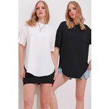 Trend Alaçatı Stili Women's Black and White Crew Neck 2-Pack Oval Cut Modal T-Shirt cene