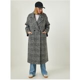 Happiness İstanbul Women's Black Premium Double-breasted Collar Patterned Wool Stamped Coat Cene