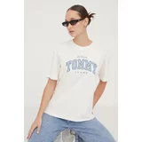 Tommy Jeans Bombažna kratka majica ženski, bež barva