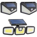 Phenom Solarni LED komplet - 2x stenska LED solarna svetilka 136 LED 5W 260lm + 1x solarni reflektor 10W 600lm s senzorjem gibanja in mraka 3 načini delovanja Cene