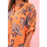 Kesi Włoski Women's cotton blouse with decorative print and rolled-up sleeves orange | shoptok.hr