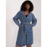 Fashion Hunters Navy blue denim coat with belt Cene