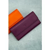 Garbalia Paris Genuine Leather Saddlery Women's Portfolio Wallet with Stitching Plum Phone Compartments.