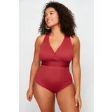 Trendyol Curve Claret Red V-Neck Textured Swimsuit with Recovery Effect