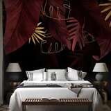  Foto tapeta - Jungle and composition - red and gold leaf motif on black background 100x70 | shoptok.hr