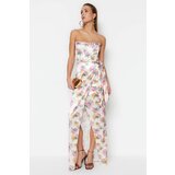 Trendyol Multicolored Double Breasted Lined Knitted Satin Floral Pattern Long Evening Dress Cene
