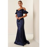 By Saygı Lined Long Satin Dress With Rope Straps Low Sleeves and Tie Back Parlament Cene