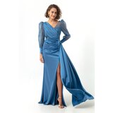 Lafaba Women's Indigo Double Breasted Neck Silvery Long Satin Evening Dress | shoptok.hr