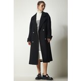  Women's Black Double Breasted Neck Belted Oversize Cachet Coat | Eponuda.ba
