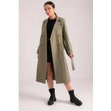 armonika Women's Khaki Double Breasted Collar Waist Belted Long Trench Coat with Pocket cene