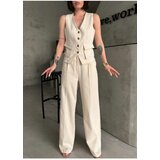 Laluvia Stone Color 100% Cotton Pocket Detailed Vest Trousers Gabardine Suit cene