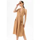 By Saygı Bag Pocket Buttoned Linen Dress Brown