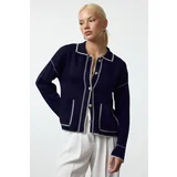 Trendyol Navy Blue Color Block Polo Neck Knitted Cardigan