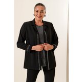 By Saygı Sequin Detailed Blouse and Jacket Crepe Plus Size 2-Piece Suit Black Cene