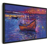  Slika - Modern impressionism - night landscape of a lake with a floating boat 90x60 U crnom drvenom okviru | shoptok.hr