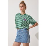  Women's Green Embroidery Detailed Striped 100% Cotton Crop Knitted T-Shirt Cene