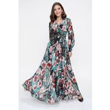 By Saygı Double Breasted Neck Long Sleeve Lined Floral Print Chiffon Long Dress Green Cene