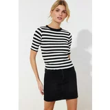 Trendyol Black Baby Overlock Detail Striped Fitted Stretch Knitted Blouse