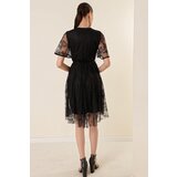 By Saygı Double Breasted Neck Waist Belted Lined Lace Dress with a Flare Skirt Black cene