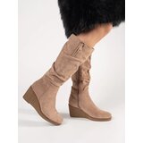 Shelvt Suede beige women's knee-high boots | shoptok.hr