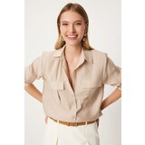 Happiness İstanbul Women's Beige Wide Pocket Tencel Shirt | ePonuda.com