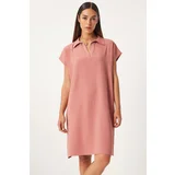 Happiness İstanbul Women's Dusty Rose Polo Neck Summer Loose Linen Ayrobin Dress