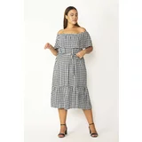 Şans Houndstooth Patterned Collar Elastic And Flounce Detail Layered Woven Viscose Fabric Dress