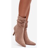 Boto Women's Heeled Ankle Boots With Wrinkled Shaft Eco Suede Zip Beige Ulisse | Shoptok.si