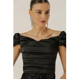 By Saygı Madonna Neck Low Sleeve Front Draped Astered Top Satin Bottom Sequined Long Dress | Shoptok.si