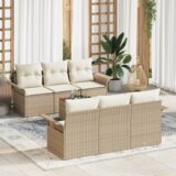 vidaXL 7-delni set vrtnih kavčev z blazinami bež poli ratan akacija | Shoptok.si
