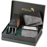 Polo Air Men's Gray Black Belt, Wallet, Card Holder Combination Set.