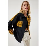 Happiness İstanbul Women's Black Mustard Color Block Suede Woven Shirt