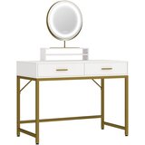 SARAHE Toaletna mizica z LED-osvetlitvijo, frizerska mizica z nastavljivim ogledalom, kozmetična mizica z 2 predaloma, odprta polica, mizica za make-up, (5000036988) Cene